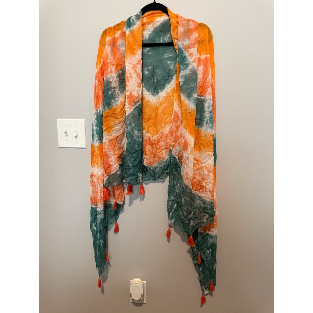 Lulus Tie Dye Tassel Kimono Wrap Shawl Orange Teal Green Viscose Boho One Size
